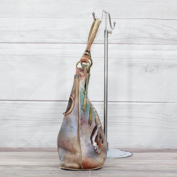 Vintage Anuschka Multicolor Hand Painted Leather Purse Hobo Shoulder Handbag - Picture 6 of 11